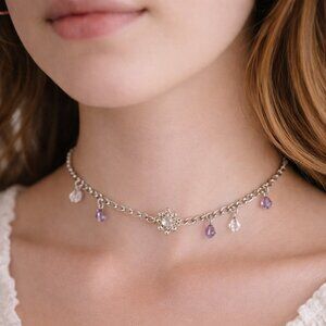 Y2K 2000s Handmade Silver-Tone Pink & Purple Crystal Bead Choker with Clasp